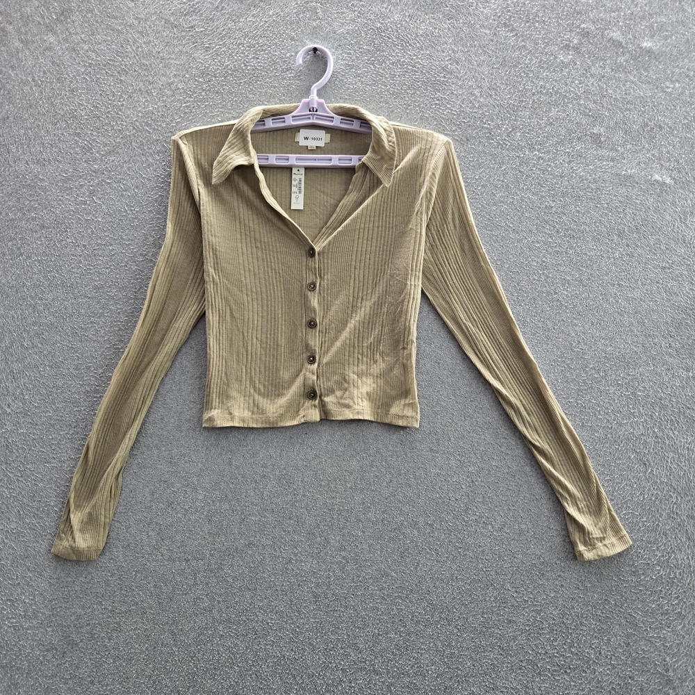 Madewell Women Button Up Shirt M Beige Variegated Ribbed V-Neck Polo